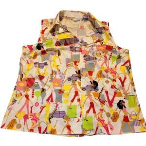 Vtg 90s Y2K Colorful Patterned Women Shopping Print Sleeveless Top USA Made Fun